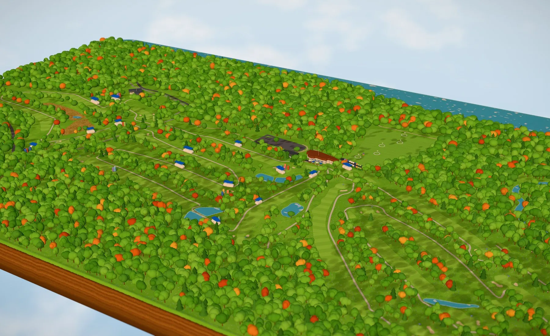 A 3D model of Algonkian Golf Course floating above the clouds, with fairways, ponds, and thousands of trees