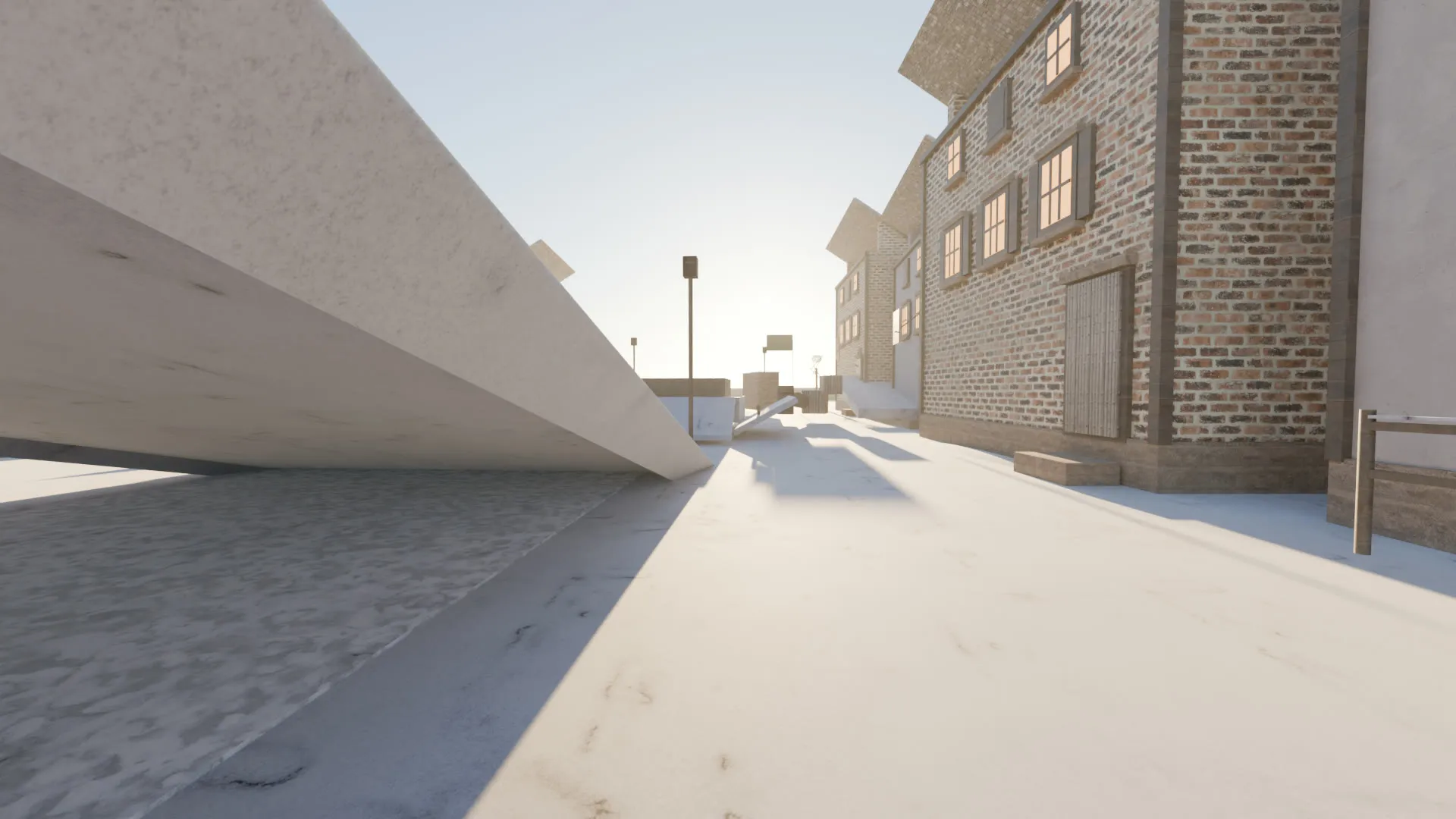 A path-traced Blender rebuild of King Street from the game’s scene dump. A low dawn sun throws long shadows across the snow beside a brick house with glowing windows.