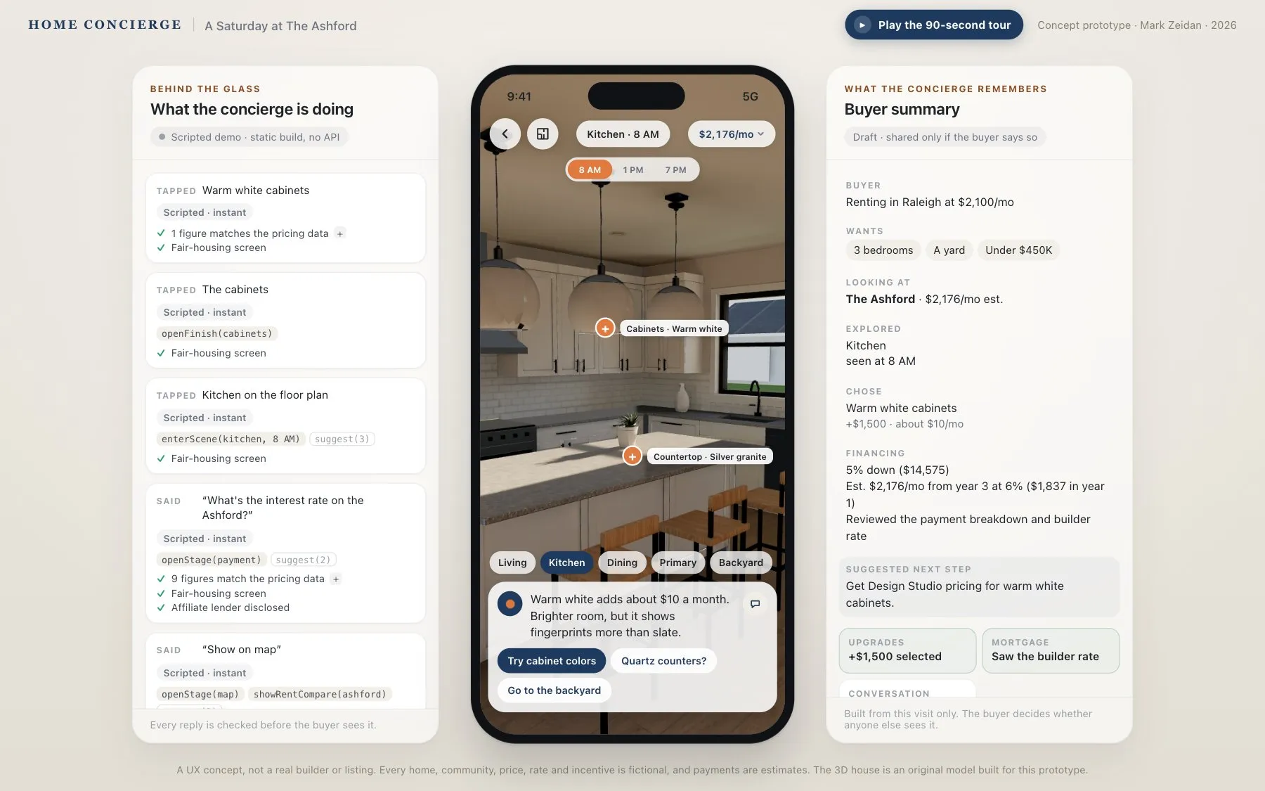 A phone showing a lit 3D kitchen with finish options, between panels explaining what the guide is doing